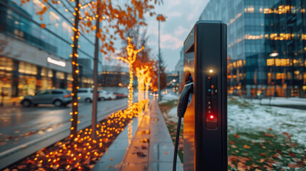 Poster - Charging electric vehicles in a futuristic city clean energy station urban environment blue sky concept for sustainable transportation