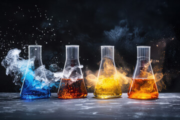 Poster - Dramatic experiments with colorful laboratory glassware chemistry lab scientific exploration dark environment close-up view colorful liquids concept
