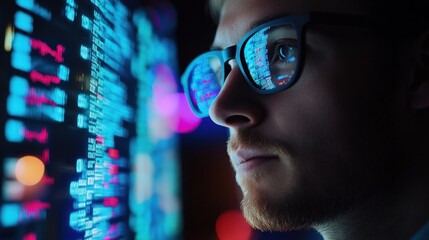 Poster - A focused individual with glasses gazes at a digital screen filled with data and analytics.