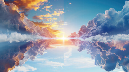Poster - Data streams flowing between cloud formations at sunset digital landscape technological concepts nature environment aerial view cloud computing