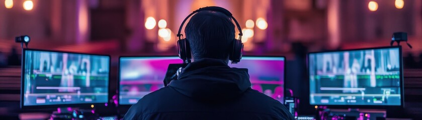 Aufkleber - A person focused on editing videos with two screens.