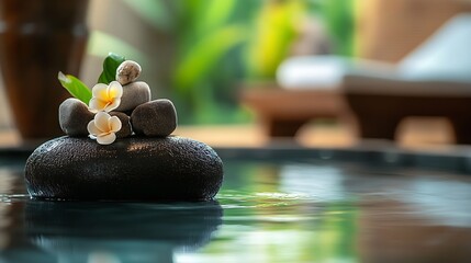 Poster - Plumeria and Zen Stones Embrace Over Still Pool Waters for Ultimate Tranquility : Generative AI