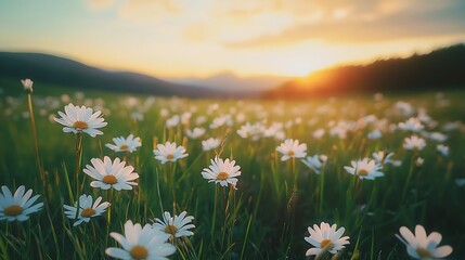 Aufkleber - Breathtaking Sunrise Over Daisy Field Enhancing the Landscape Serenity : Generative AI