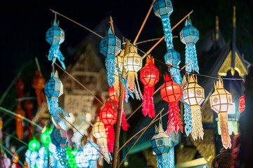 the beautiful colorful lanna lamp paper lantern background pattern loi krathong or yi peng festival 