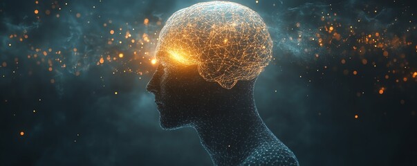 Poster - Abstract concept of a human head with a neural network and glowing brain, dark background, symbolizing AI, data flow, and intelligent connectivity