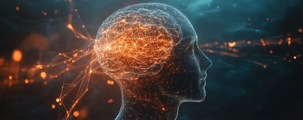 Poster - Abstract concept of a human head with a neural network and glowing brain, dark background, symbolizing AI, data flow, and intelligent connectivity