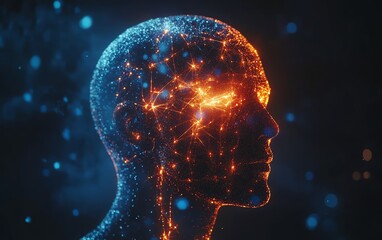 Poster - Abstract depiction of a human head with glowing brain and neural network, dark background, concept of artificial intelligence and data flow