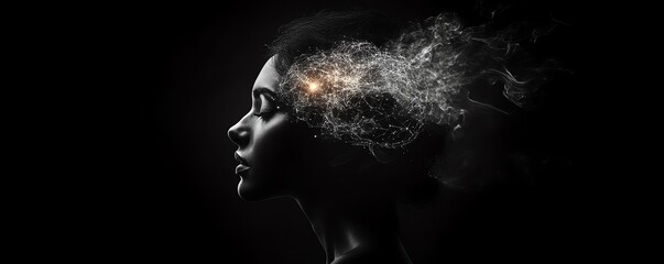 Poster - Abstract concept of a human head with a neural network and glowing brain, dark background, symbolizing AI, data flow, and intelligent connectivity