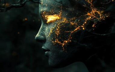 Poster - Abstract depiction of a human head with glowing brain and neural network, dark background, concept of artificial intelligence and data flow