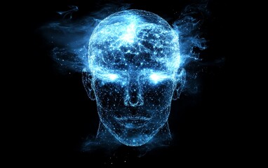 Poster - Abstract human head with neural network and glowing brain on a dark background, symbolizing artificial intelligence and data connectivity