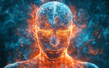 Poster - Abstract human head with neural network and glowing brain on a dark background, symbolizing artificial intelligence and data connectivity
