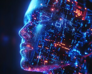 Poster - Abstract image of a human head made of circuits and data, representing AI, glowing blue background, futuristic and techdriven design