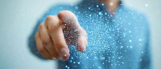 Poster - Digital data visualization with binary code and network connections held by a man in a blue shirt, white background, representing datadriven technology concepts
