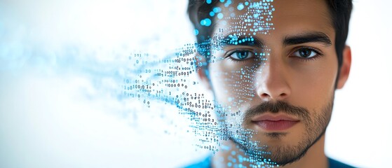 Poster - Digital data visualization with binary code and network connections held by a man in a blue shirt, white background, representing datadriven technology concepts