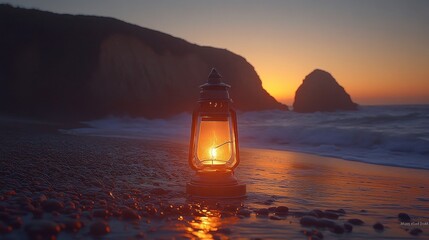 Wall Mural - A single lantern glows on a beach at sunset, the waves gently lapping at its base.