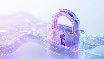 Poster - Digital padlock hologram with data elements on a white background, blue network lines, modern cybersecurity concept, 3D rendering