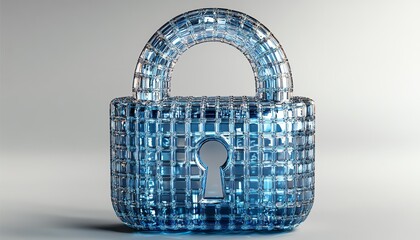 Poster - Digital padlock hologram with data elements on a white background, blue network lines, modern cybersecurity concept, 3D rendering
