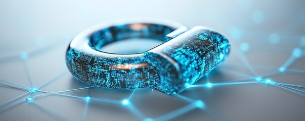 Poster - Digital padlock hologram with data elements and blue network lines on a white background, symbolizing modern digital security, 3D rendering