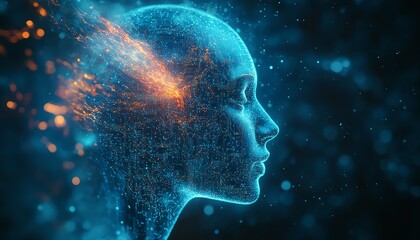 Poster - Futuristic abstract AI concept, human head formed by circuits and data streams, glowing blue background, digital intelligence representation