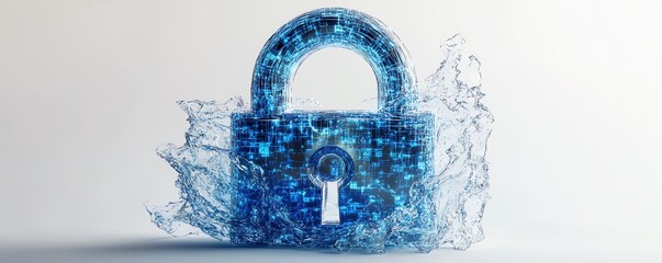 Poster - Digital padlock hologram with data elements and blue network lines on a white background, symbolizing modern digital security, 3D rendering