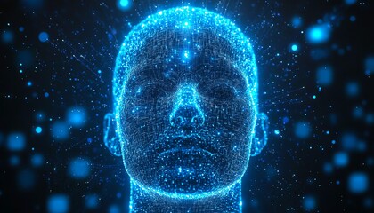 Poster - Futuristic abstract AI concept, human head formed by circuits and data streams, glowing blue background, digital intelligence representation