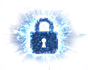 Poster - Hologram of a digital padlock with data elements, blue network lines on a white background, modern digital security and protection concept