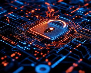 Poster - Hologram of a digital padlock with data elements, blue network lines on a white background, modern digital security and protection concept