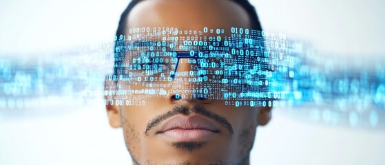 Poster - Holographic digital data visualization with binary code and network connections held by a man in a blue shirt, white background, symbolizing data analysis