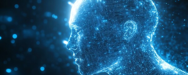 Poster - Human head composed of digital data and circuits, symbolizing artificial intelligence, glowing blue background, abstract tech design