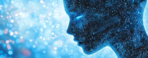 Poster - Human head composed of digital data and circuits, symbolizing artificial intelligence, glowing blue background, abstract tech design