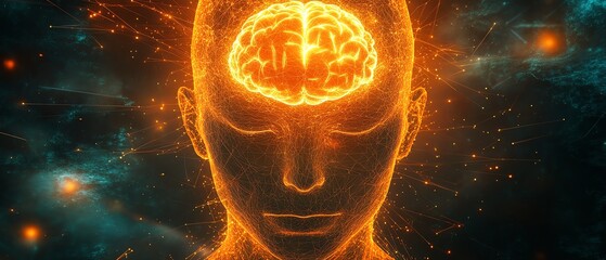 Poster - Human head formed by neural network connections with a glowing brain on a dark background, representing AI and digital intelligence