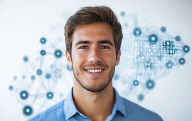 Poster - Man in a blue shirt showcasing a 3D holographic digital data visualization with binary code and network connections, white background, technology theme