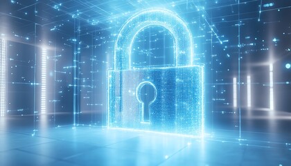 Poster - Modern digital padlock hologram with dynamic data elements, blue network lines, and white background, representing cybersecurity, 3D rendering