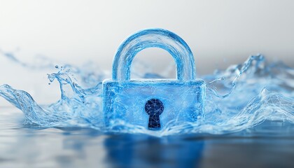 Poster - Modern digital padlock hologram with dynamic data elements, blue network lines, and white background, representing cybersecurity, 3D rendering