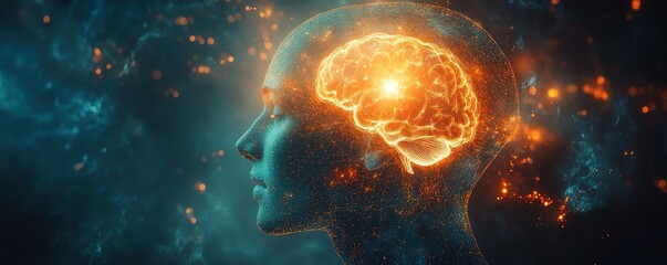Poster - Neural network within a human head with a glowing brain on a dark background, symbolizing artificial intelligence and data connectivity