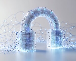 Poster - 3D rendering of a digital padlock hologram with flowing data elements, white background with blue network lines, cybersecurity theme