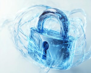 Poster - 3D rendering of a digital padlock hologram with flowing data elements, white background with blue network lines, cybersecurity theme
