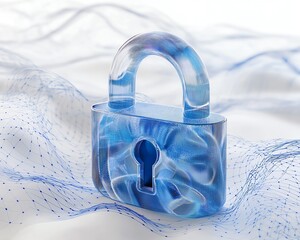 Poster - 3D rendering of a digital padlock hologram with flowing data elements, white background with blue network lines, cybersecurity theme