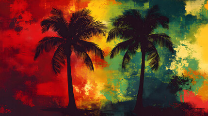 Poster - Reggae style colorful background with artistic silhouettes of two coconut trees in summer concept.