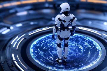 Poster - A digital 3D illustration of an astronaut walking through a holographic map of a galaxy inside a futuristic control room