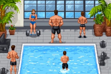 Poster - A pixel art scene of an aqua aerobics class, with colorful characters splashing in a pixelated pool and using tiny dumbbells