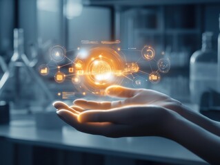 Wall Mural - a hand holding glowing technology symbols, symbolizing innovation.