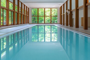 Aufkleber - A serene morning aqua aerobics session in a spa, with calm water and natural light streaming through large windows