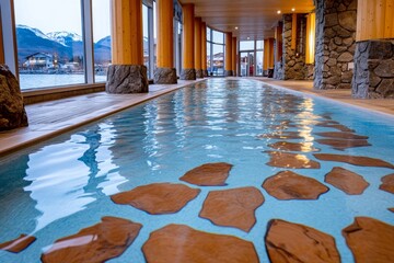 Wall Mural - A serene morning aqua aerobics session in a spa, with calm water and natural light streaming through large windows