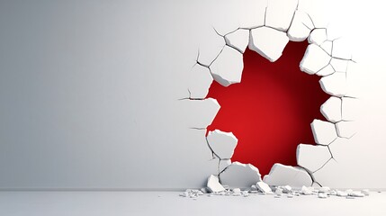 Poster - A Bright Red Square Breaking Through a Pale Concrete Wall with Cracked Edges, Evoking Themes of Disruption and Bold Design for Creative Projects