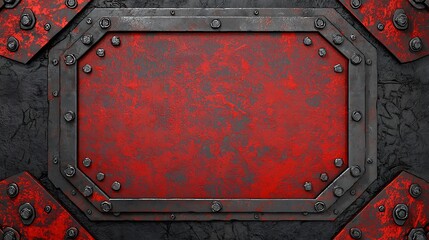 Poster - Detailed Close-Up of a Red Metal Structure with Angular Edges and Decorative Rivets Showcasing Textured Surface and Industrial Aesthetic Design Elements