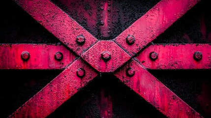 Poster - Close-Up of a Red Metal Structure with Angular Design and Textured Surface Featuring Bold Cross Patterns and Rusty Fasteners