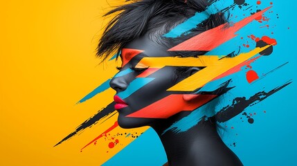 Poster - Vibrant Portrait of a Woman with Bold and Colorful Abstract Makeup Against a Bright Background, Showcasing Artistic Expression and Modern Aesthetics