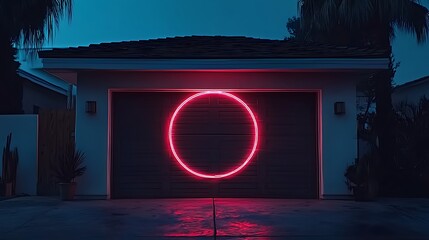 Poster - Vibrant Neon Circle Installation on Garage Door in Artistic Evening Setting with Warm Glow and Urban Aesthetic Perfect for Modern Home Decor
