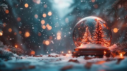 Poster - A snow globe with a winter forest scene inside, surrounded by twinkling lights.